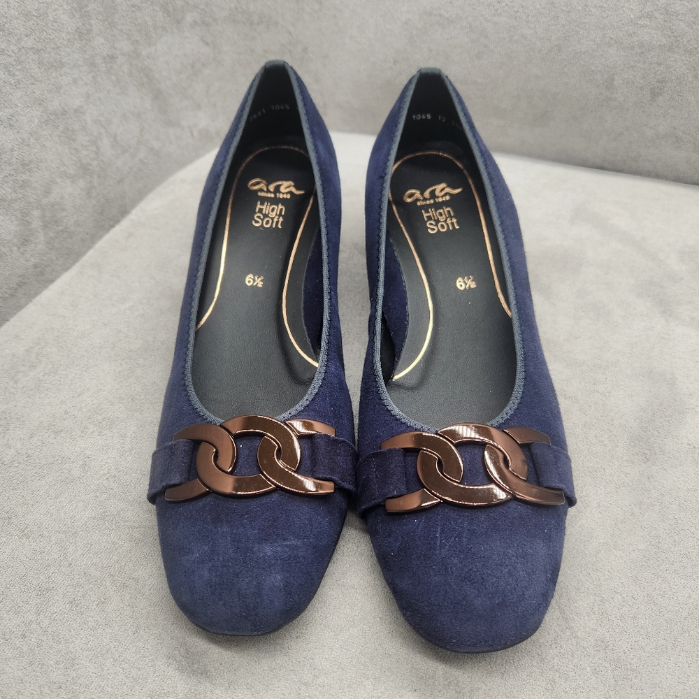 Ara Pump 9 Midnight Blue Suede Gallant Chunky Chain High Soft Formal New $190